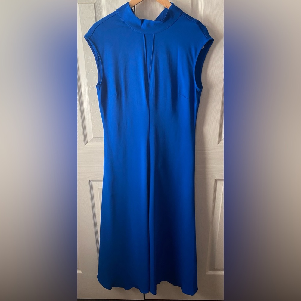 🆕REISS Libby Cobalt Blue Mock Neck Fit & Flare Asymmetrical Hem Midi Dress 8 - Picture 3 of 15